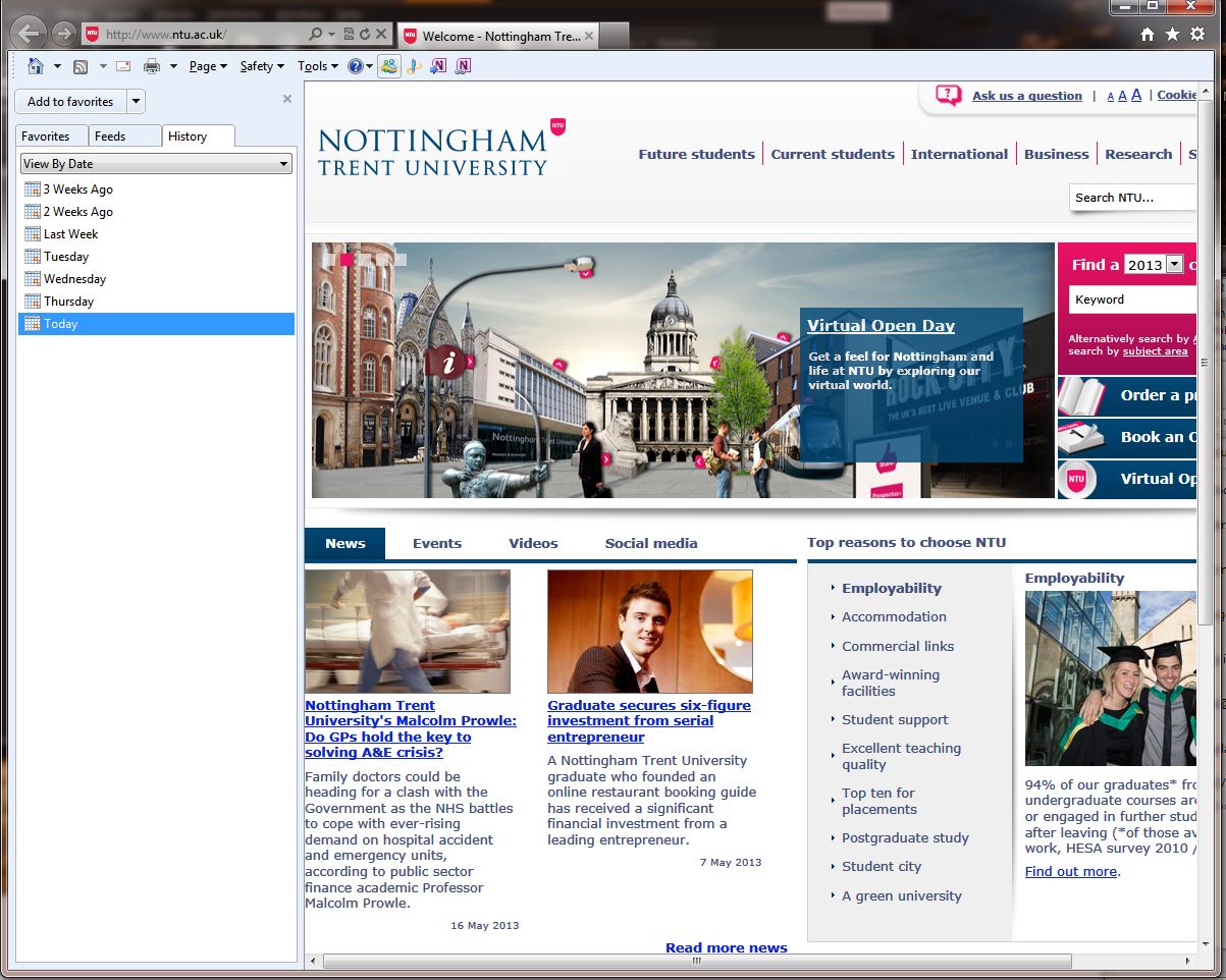 capture showing the history bar open allowing access to links from previous days