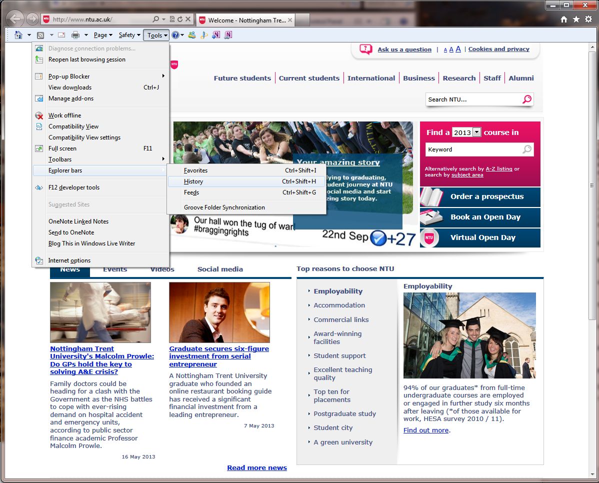 Capture showing user clicking on tools then explorer bars then history from the sub menus